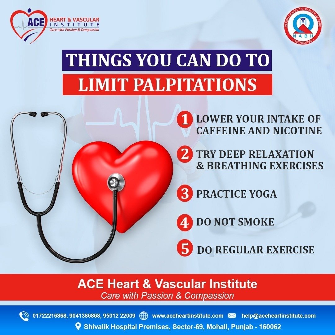 "Things You Can Do to Limit Palpitations" poster with heart health tips and ACE Heart and Vascular Institute contact details.