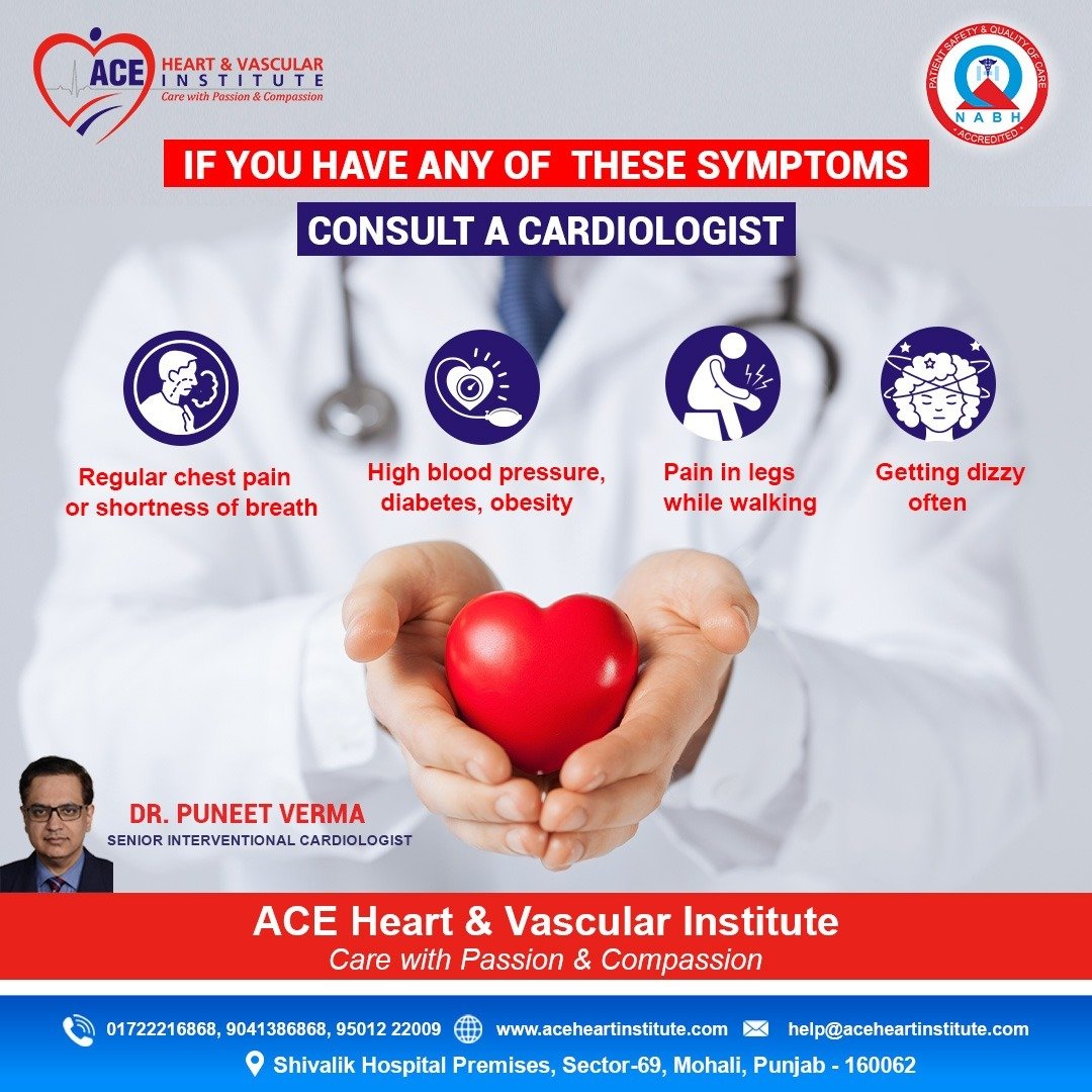 "If You Have Any of These Symptoms, Contact Your Cardiologist" poster with Dr. Puneet Verma, featuring heart health tips and ACE Heart contact details.