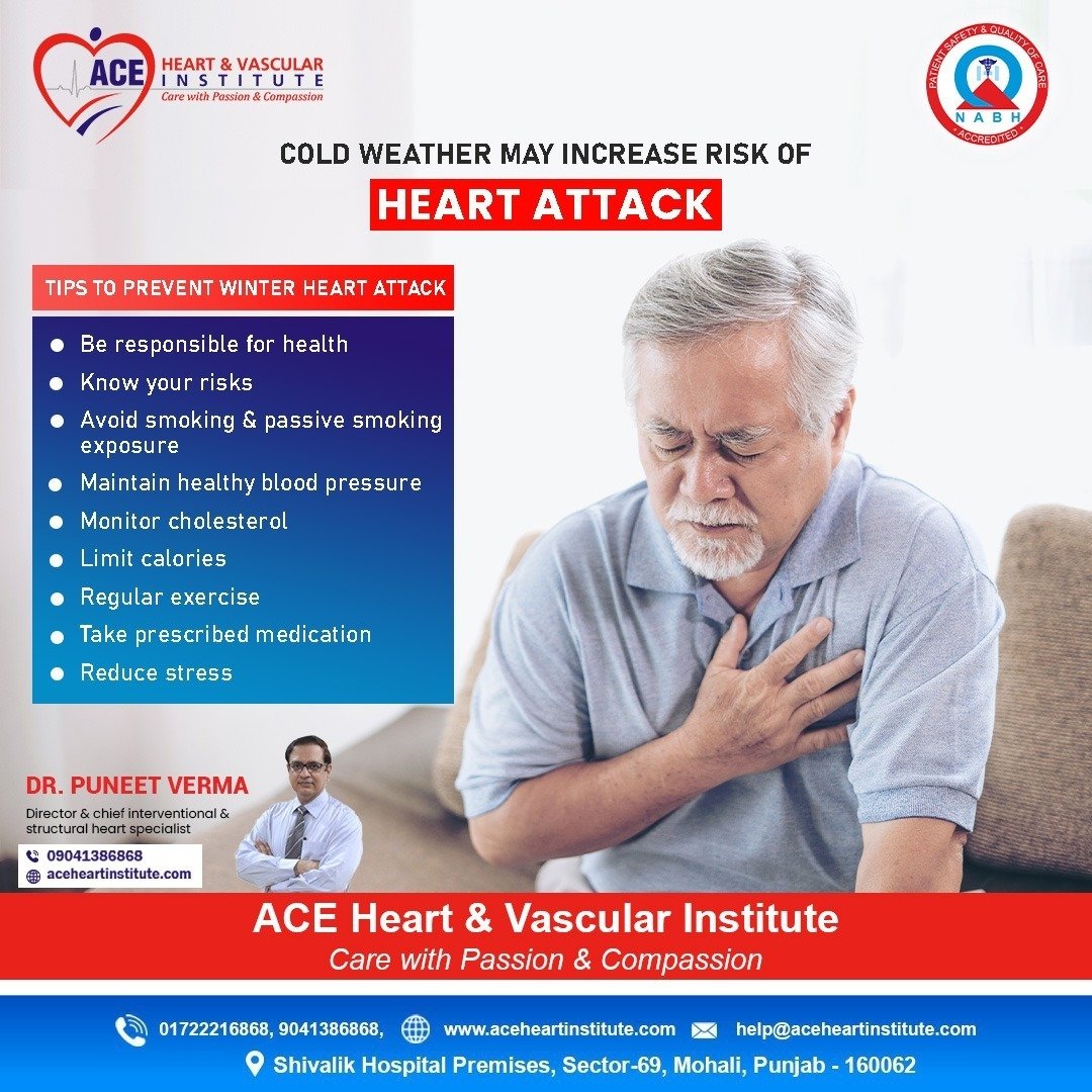 "Cold Weather May Increase Risk of Heart Attack" poster with Dr. Puneet Verma, highlighting heart health risks and ACE Heart contact details.