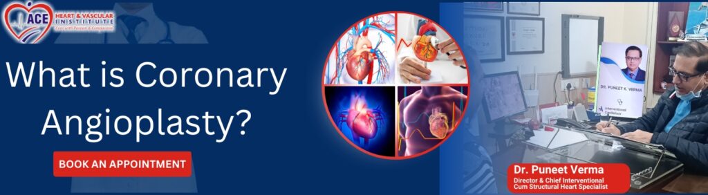 Dr. Puneet Verma explaining coronary angioplasty procedure to a patient, with heart intervention images and the headline 'What is Coronary Angioplasty?