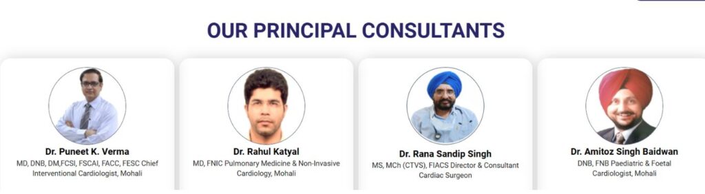 Dr. Puneet K. Verma, Dr. Rahul Katyal, Dr. Rana Sandip Singh, and Dr. Amitoz Singh Baidwan, Principal Consultants at ACE Heart & Vascular Institute, Mohali, experts in interventional cardiology, cardiac surgery, and paediatric cardiology