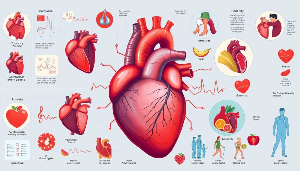 Comprehensive illustration of various heart diseases, including coronary artery disease, heart failure, and arrhythmias, emphasizing the importance of understanding heart health.